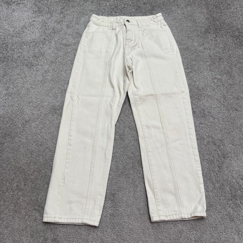 Evisu High Rise Straight Leg Mom Denim Jeans Womens Small Beige Cotton Casual